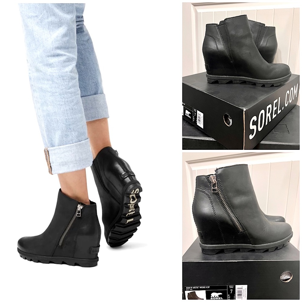 Sorel Joan of Arctic Wedge II Zip Boots | Waterproof Leather Booties | Black